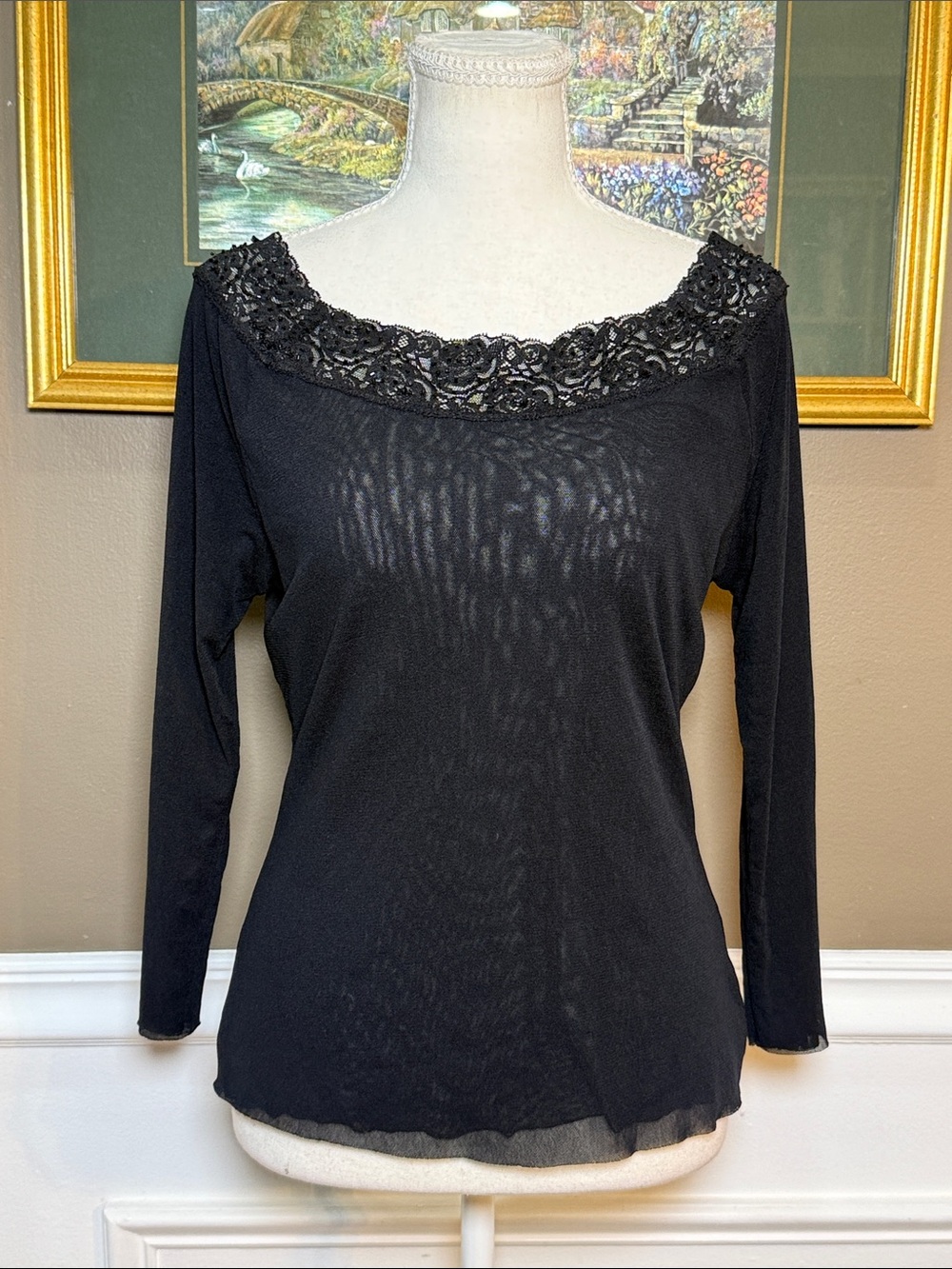 Vintage Y2K Context Black Sheer Mesh Beaded Lace Off Shoulder Top M